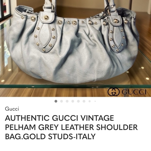 AUTHENTIC GUCCI PELAM GRAY STUDDED LEATHER SHOULDER BAG LARGE SLOUCHY GOLD HW - Picture 2 of 8